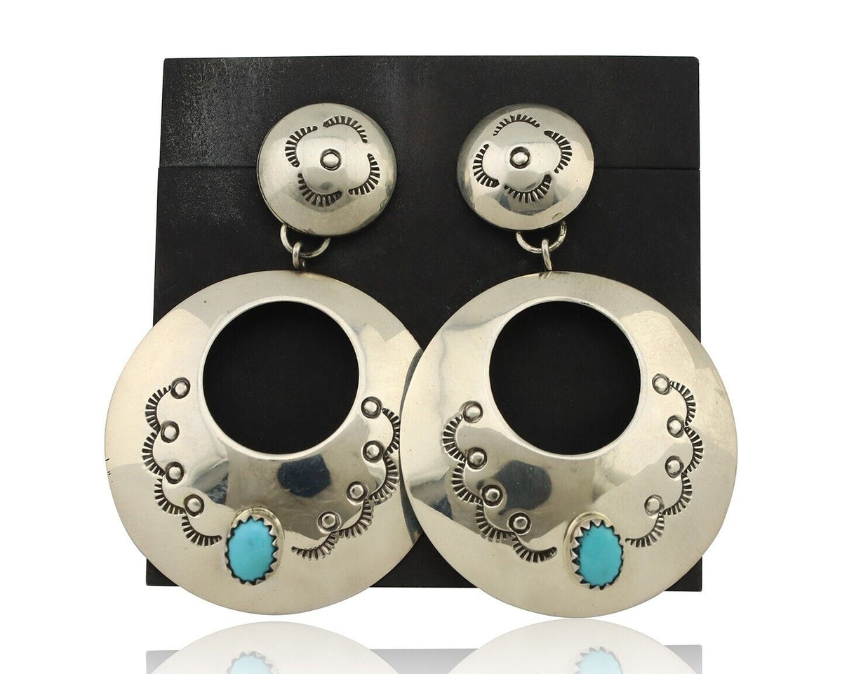 Navajo Handmade Earrings 925 Silver Blue Turquoise Signed Vera Jane C.80's