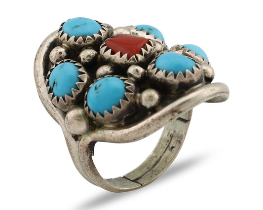 Navajo Ring 925 Silver Blue Turquiose & Coral Artist Signed Elgin Haskey C.80's