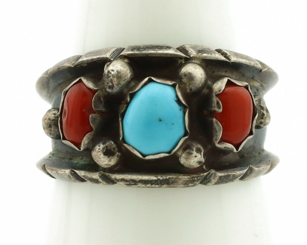 Zuni Ring .925 Silver Turquoise & Coral Artist Signed Milton Lasillo C.80's