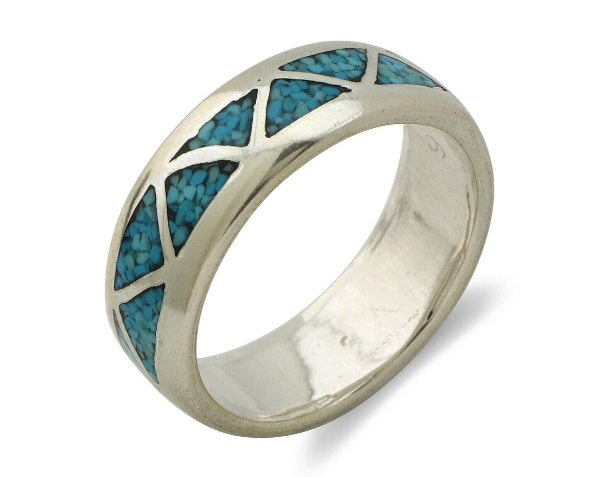Navajo Chip Inlay Ring 925 Silver Sleeping Beauty Turquoise Artist Silver Cloud