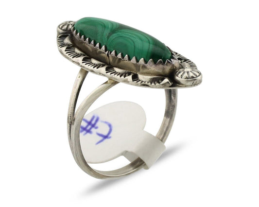 Navajo Ring .925 Silver Malachite Hand Stamped Signed Herman Lee C.80's