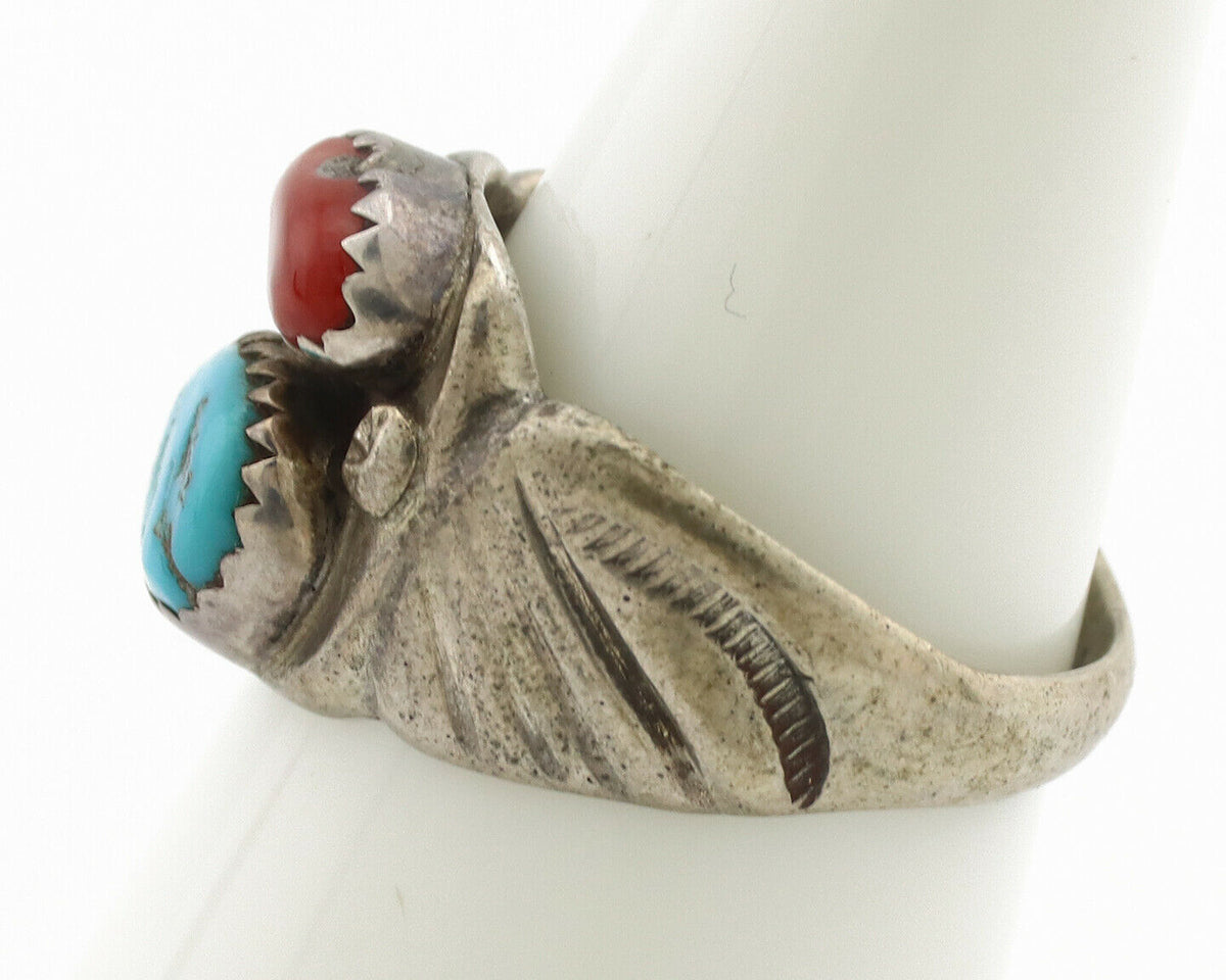 Zuni Ring .925 Silver Natural Turquoise & Coral Native American Artist C.1980's