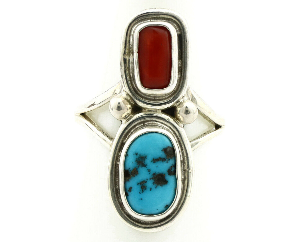 Navajo Ring .925 Silver Red Coral & Blue Turquoise Native Artist C.80's