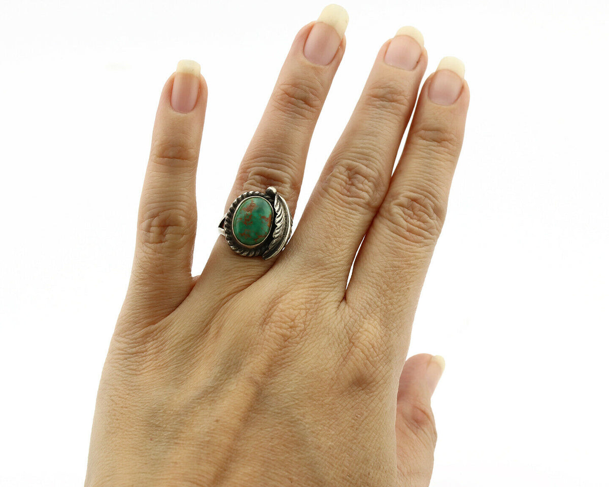 Navajo Ring .925 Silver Green Turquoise Artist Signed Sun C.1980's