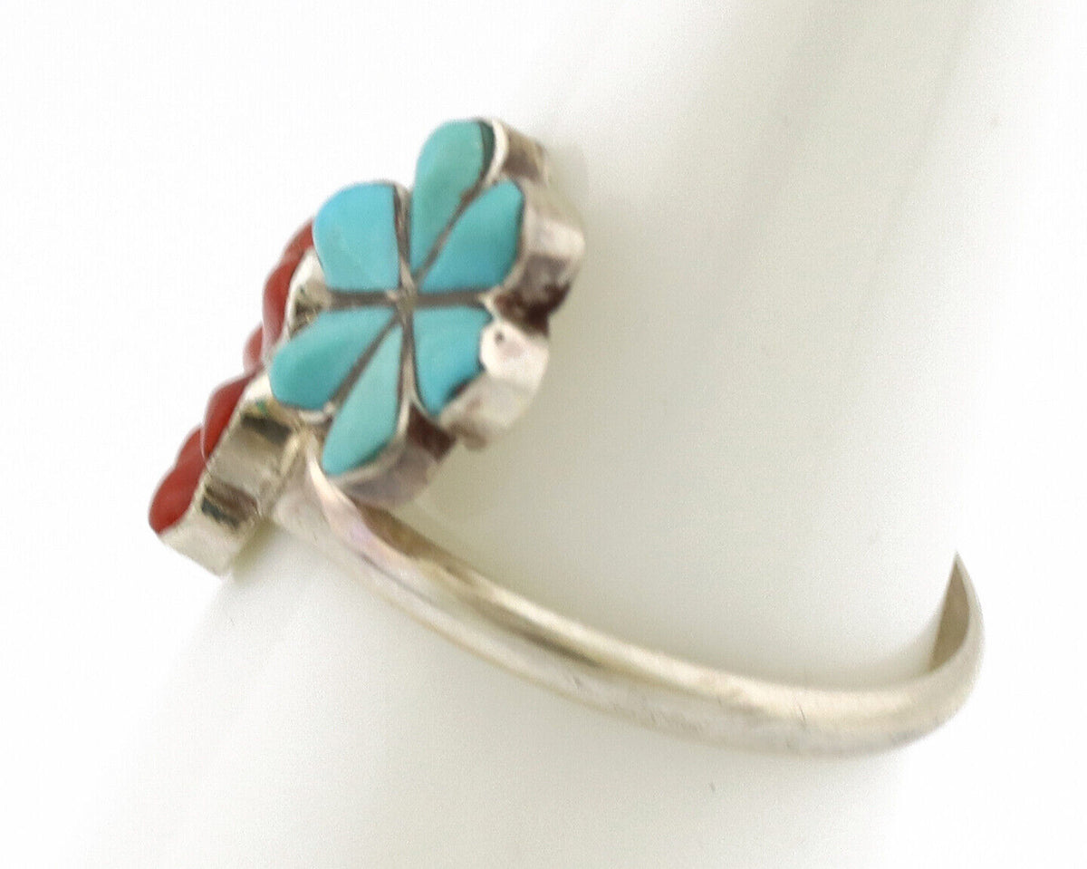 Zuni Flower Ring 925 Silver Turquoise & Coral Native American Artist C.80's