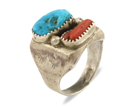 Navajo Ring .925 Silver Kingman Turquoise & Red Coral Signed R C.1980's
