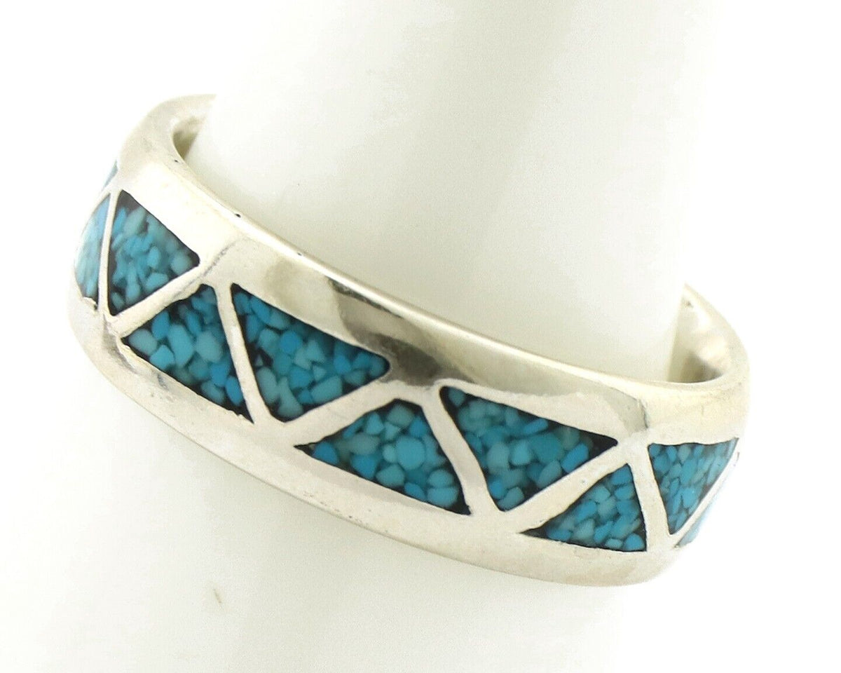 Navajo Chip Inlay Ring 925 Silver Sleeping Beauty Turquoise Artist Silver Cloud