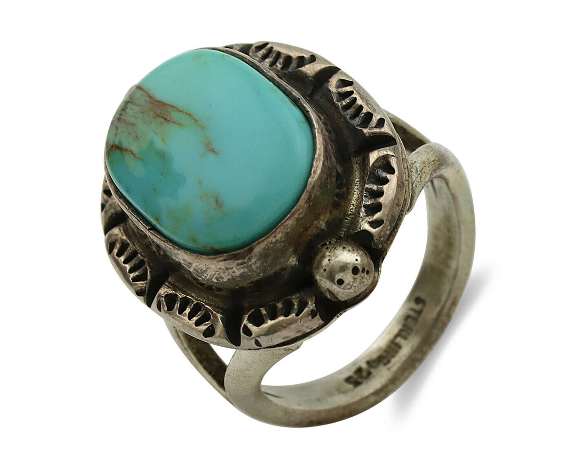 Navajo Ring .925 Silver Kingman Turquoise Artist Signed Gecko C.1980's
