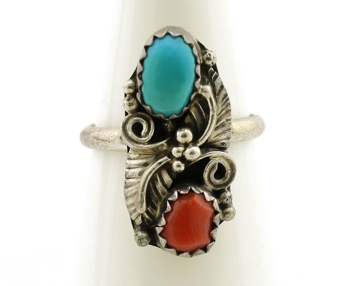 Navajo Ring 925 Silver Coral & Turquoise Handmade Native American Artist C.1980s