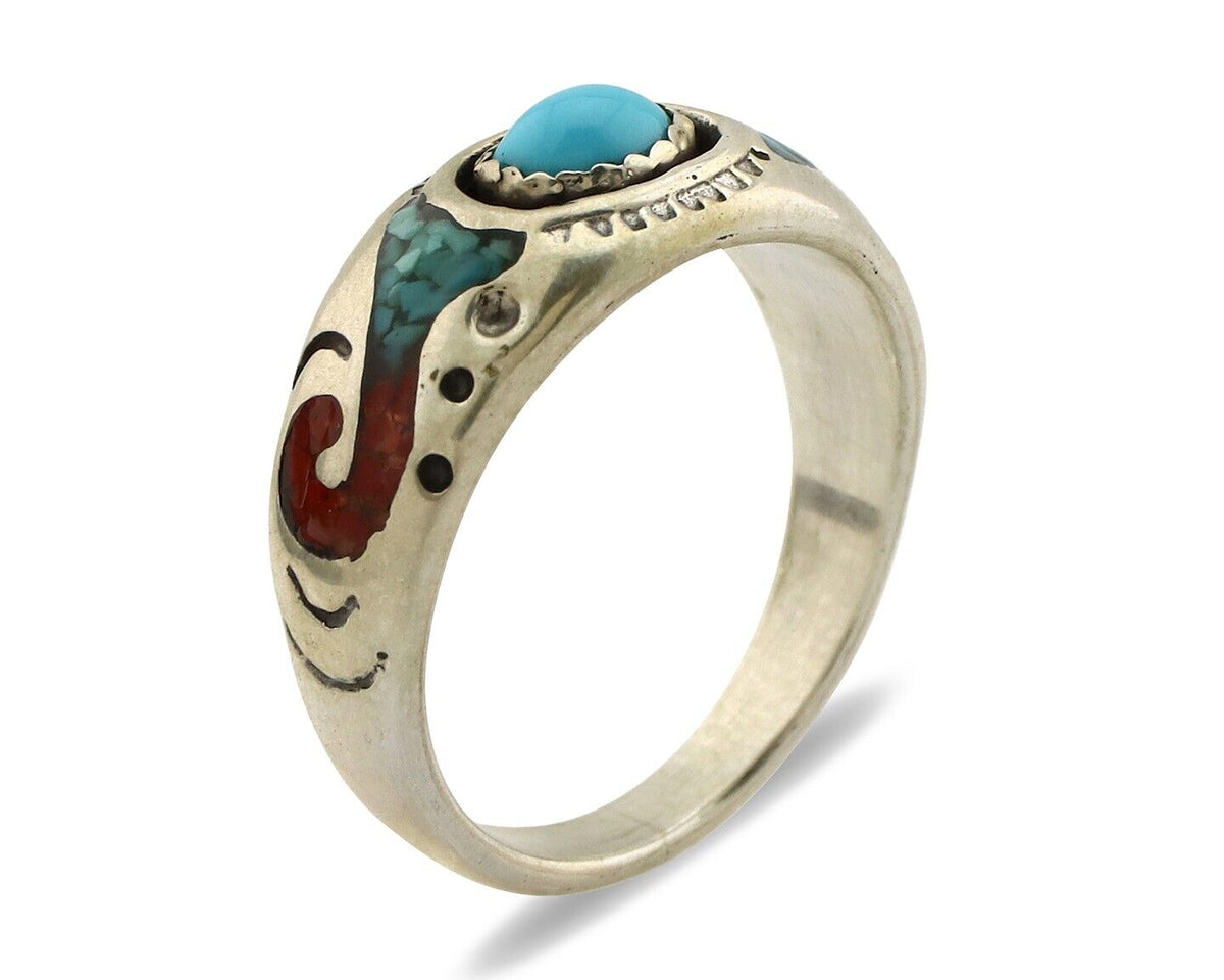 Navajo Handmade Ring 925 Silver Blue Turquoise & Coral Native American C.80's