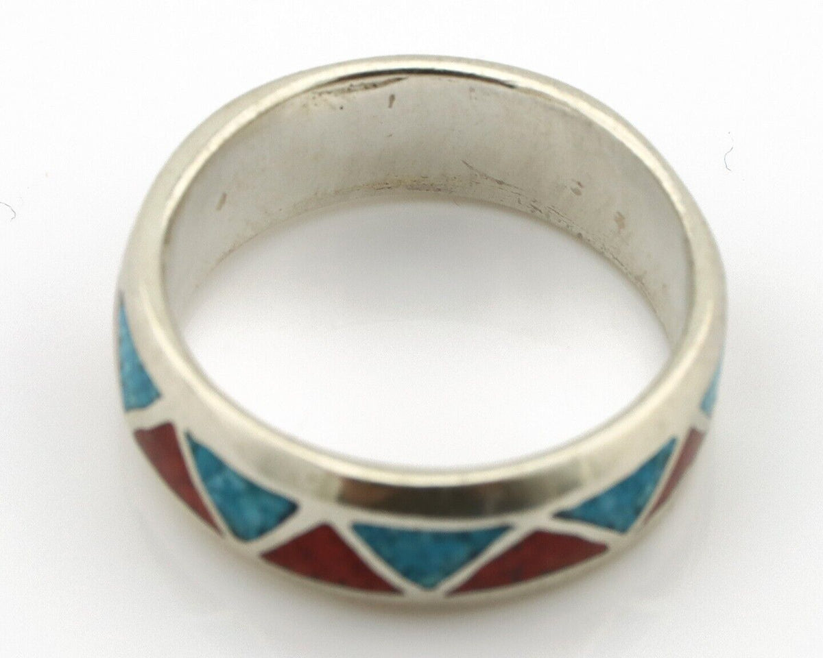 Navajo Chip Inlay Ring 925 Silver Sleeping Beauty Turquoise & Coral Silver Cloud
