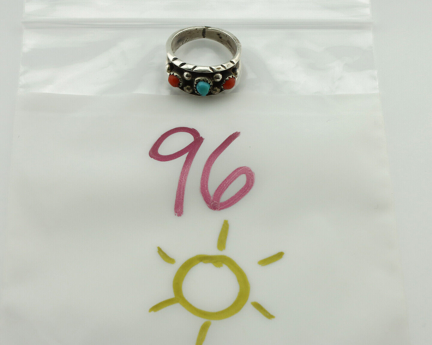 Navajo Ring 925 Silver Coral & Sleeping Beauty Turquoise Native Artist C.70's