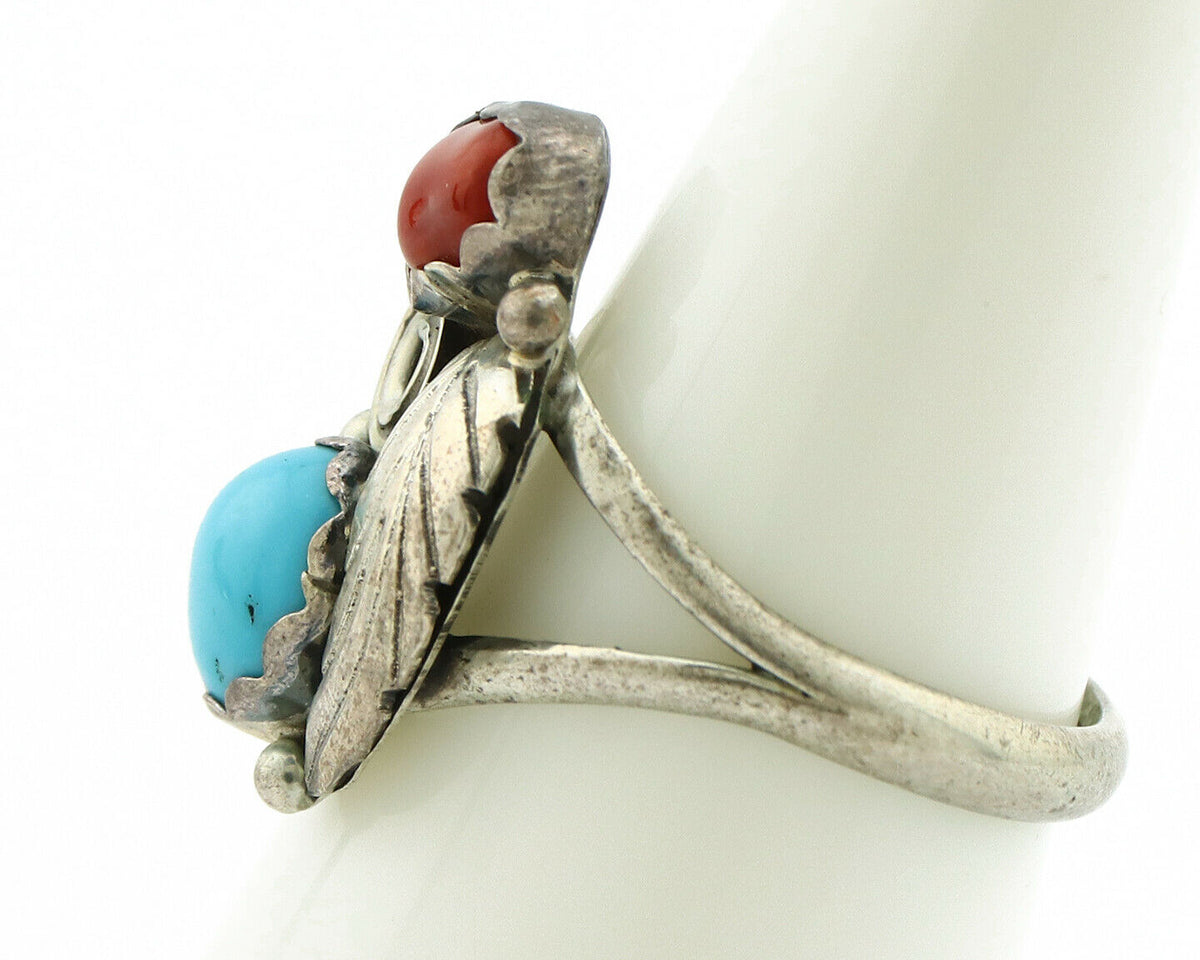 Navajo Ring .925 Silver Turquoise & Coral Native American Artist C.1980's
