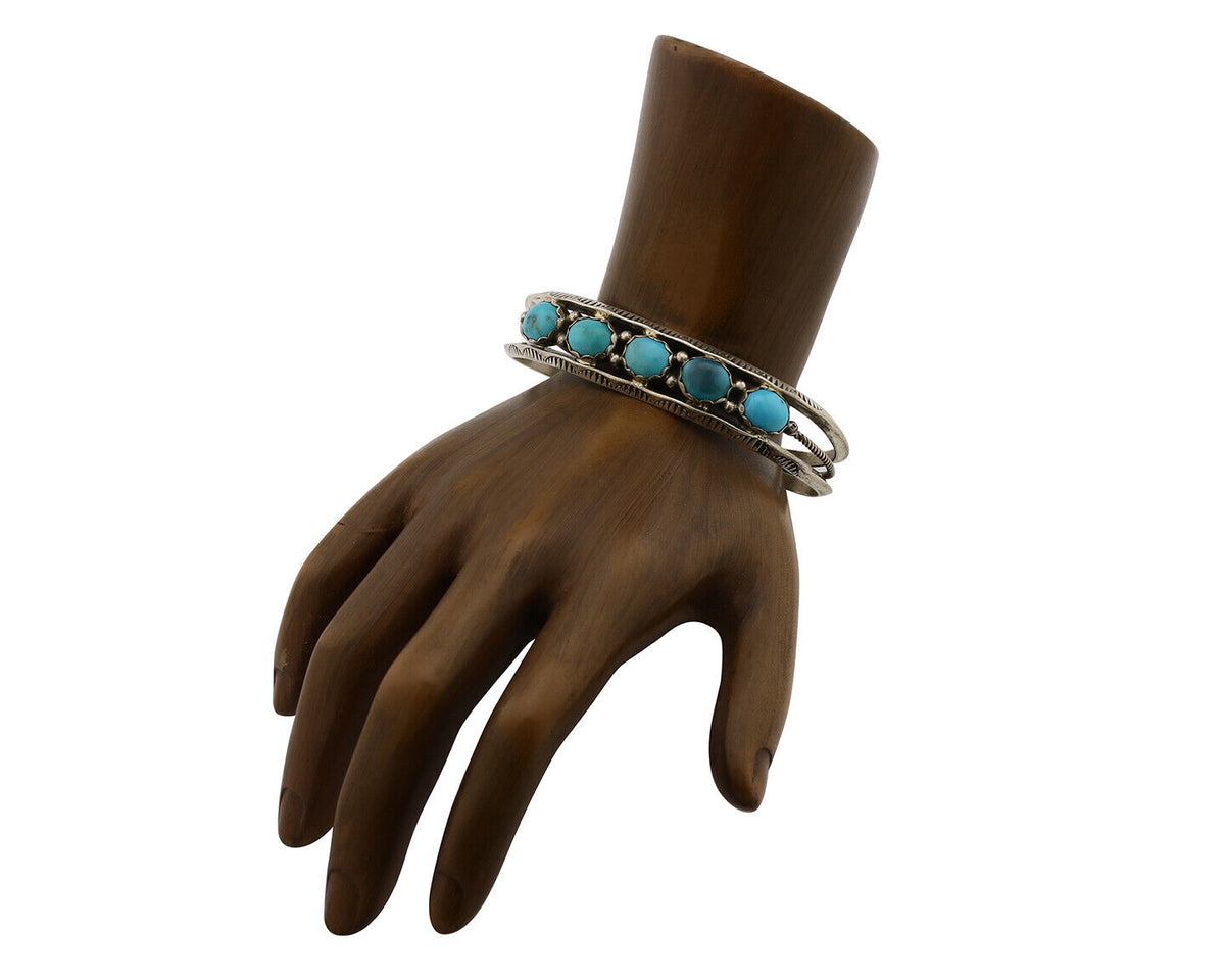 Navajo Bracelet .925 Silver Natural Blue Southwest Turquoise Signed UB C.80's