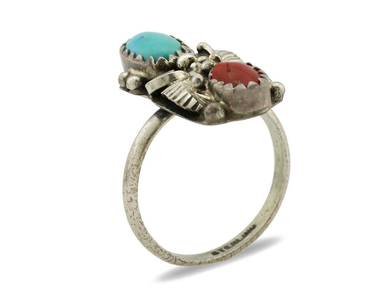 Navajo Ring 925 Silver Turquoise & Coral Artist Signed Native American C.80s