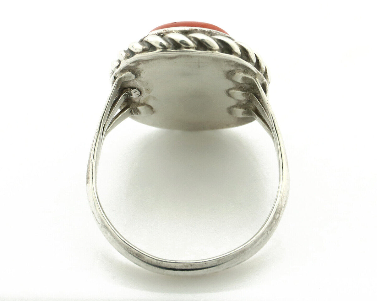 Navajo Ring 925 Silver Coral & Globe Turquoise Native American Artist C.1970's