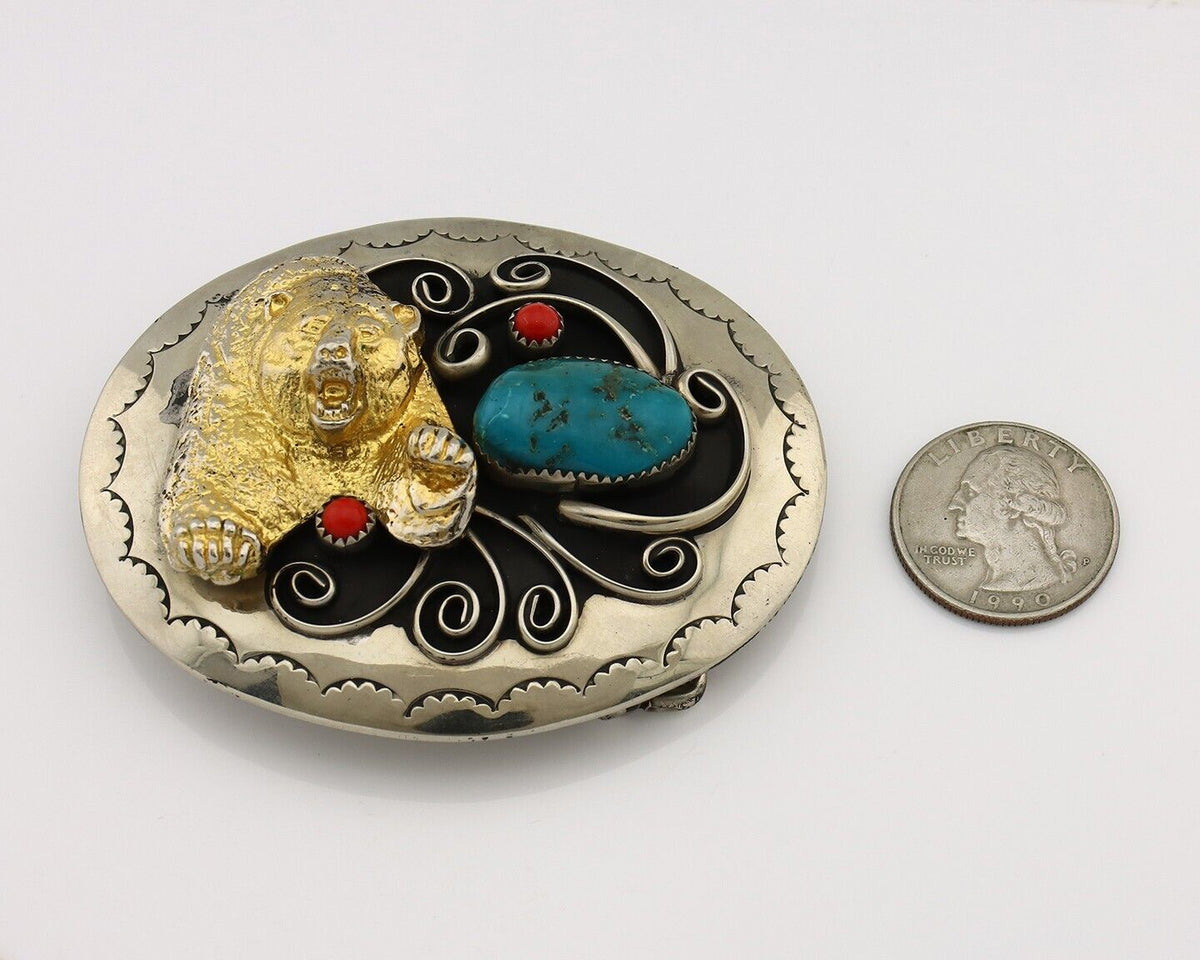 Navajo Eagle Head Belt Buckle .999 Nickle Turquoise & Coral Native Artist C80s