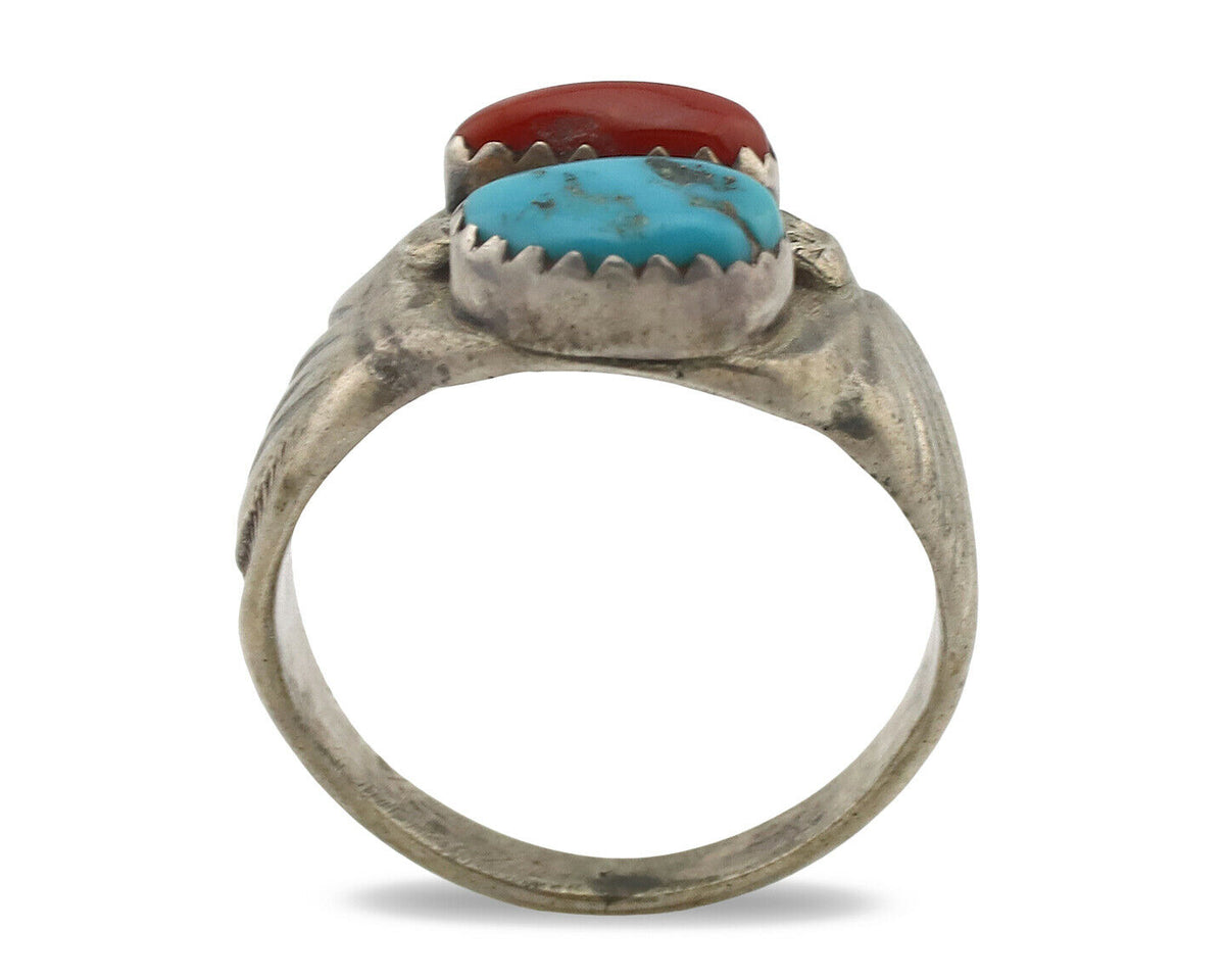 Zuni Ring .925 Silver Natural Turquoise & Coral Native American Artist C.1980's