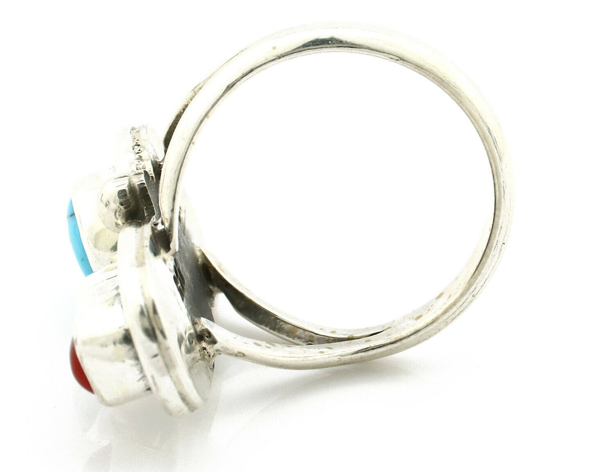 Navajo Ring .925 Silver Red Coral & Blue Turquoise Native Artist C.80's