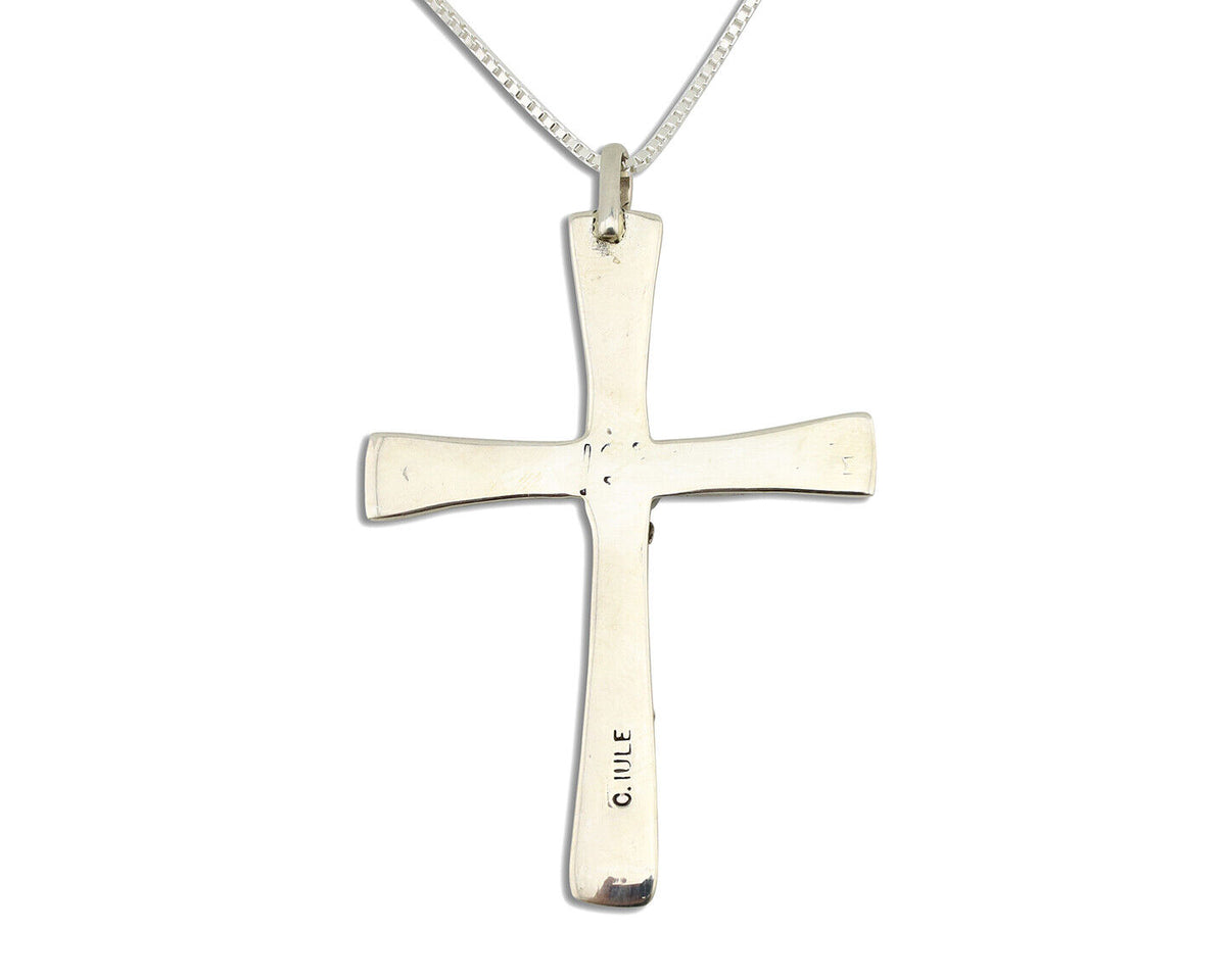 Zuni Handmade Cross Necklace 925 Silver Natural Gemstone Signed C. IULE C.80's