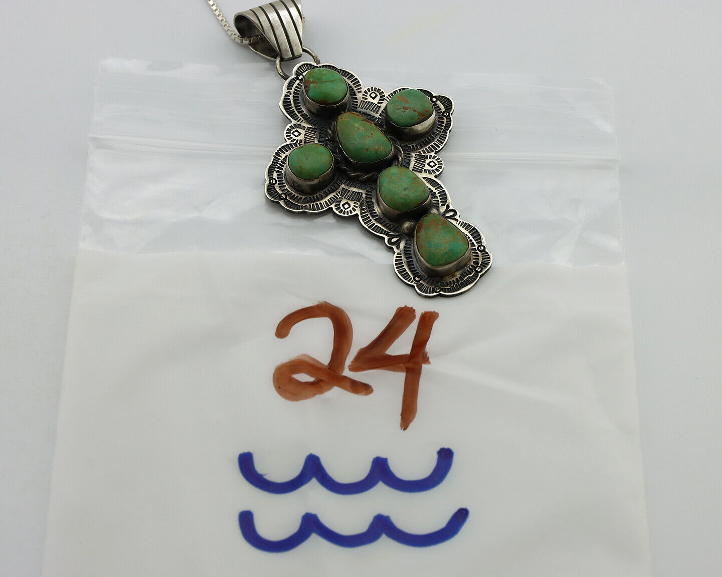 Navajo Cross Necklace 925 Silver Natural Arizona Turquoise Artist Signed MS C80s