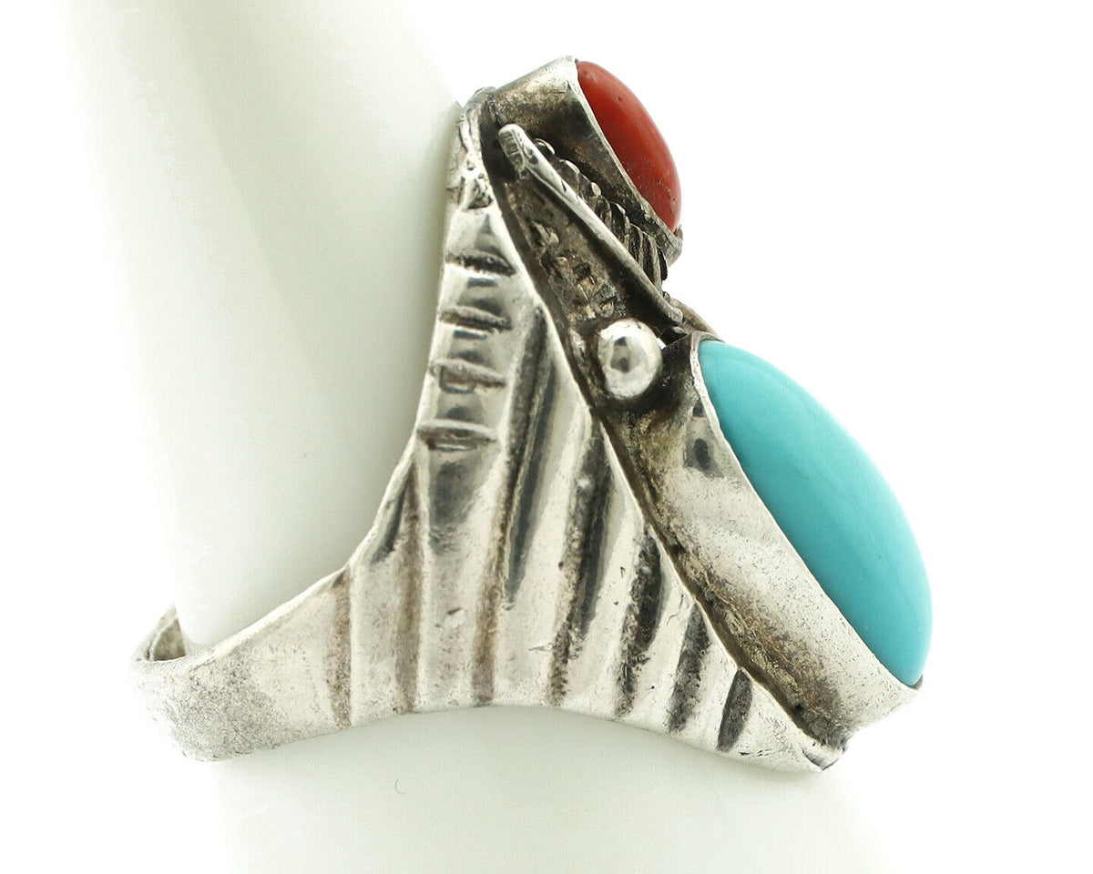 Navajo Ring 925 Silver Coral & Globe Turquoise Native American Artist C.1970's