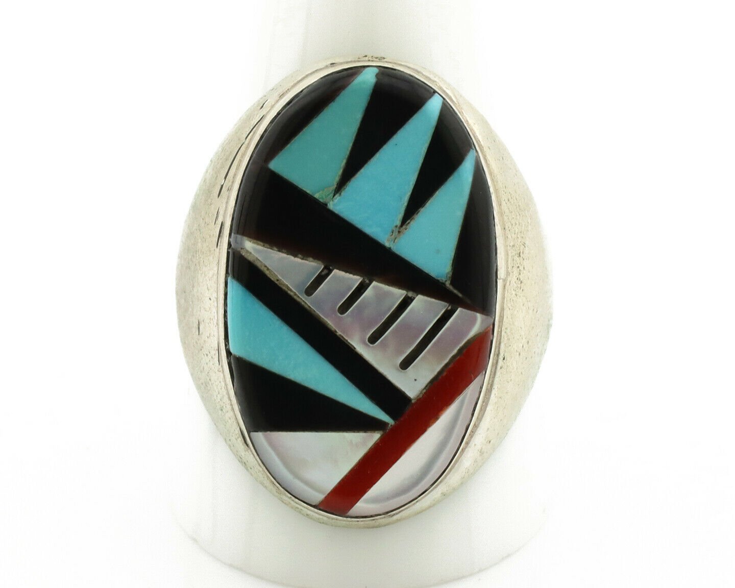 Zuni Inlaid Ring .925 Silver Gemstone Artist Native American C.1980's