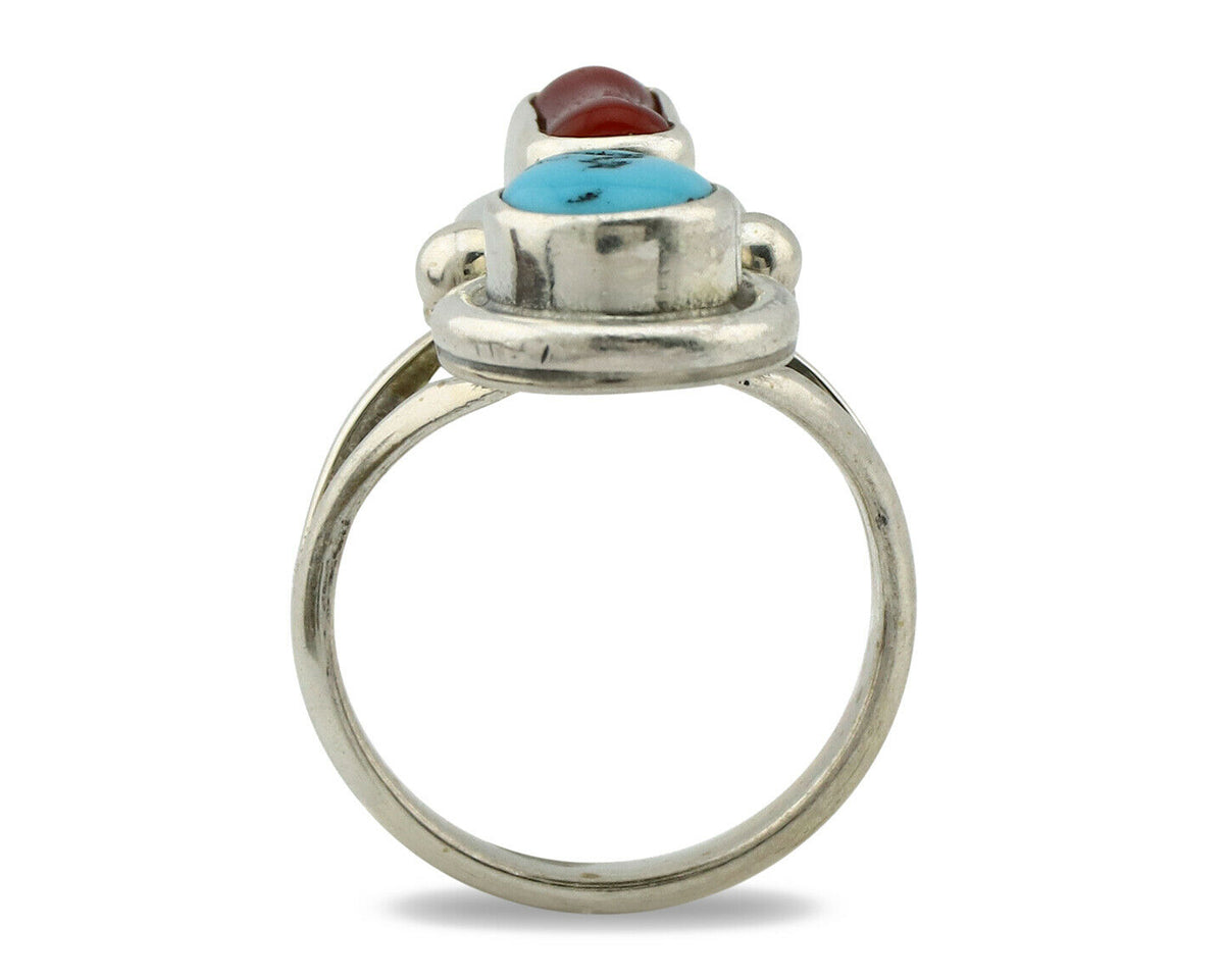 Navajo Ring .925 Silver Red Coral & Blue Turquoise Native Artist C.80's