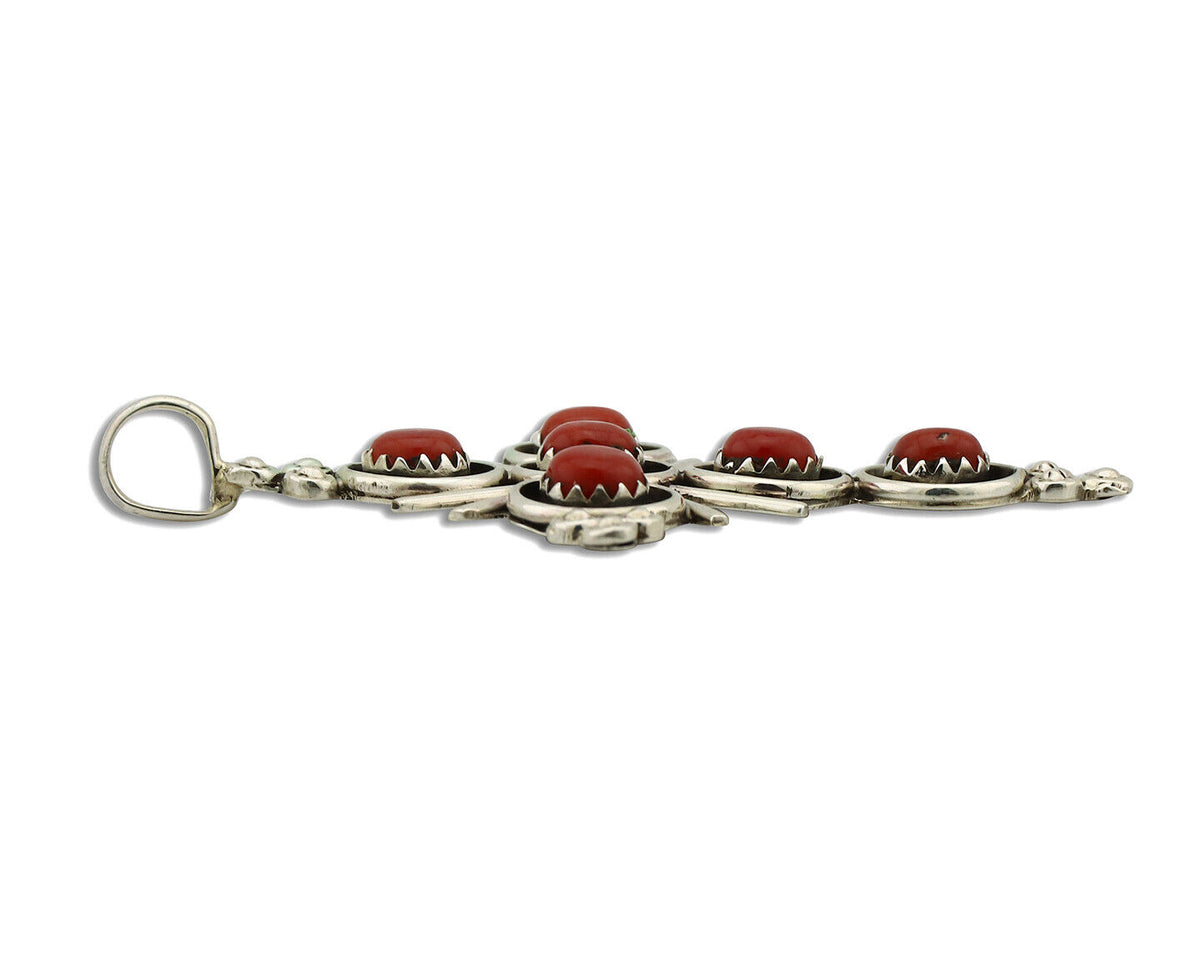 Zuni Handmade Cross Necklace 925 Silver Red Coral Artist Signed NOM? C.80's