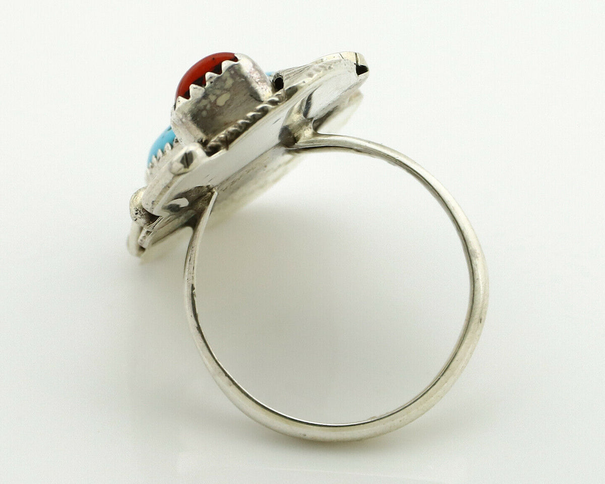 Navajo Ring .925 Silver Turquoise & Coral Artist Signed Justin Morris C.1980's
