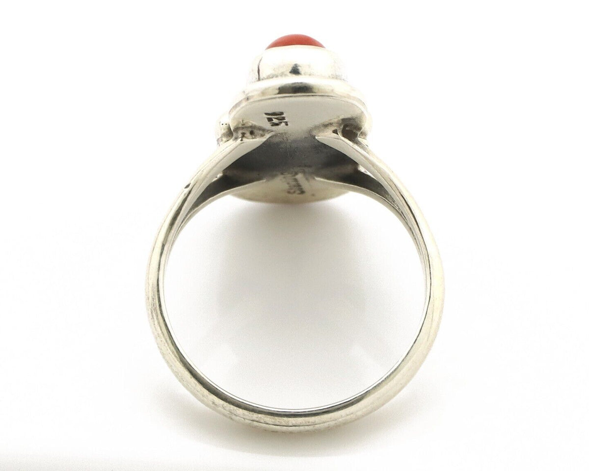 Navajo Inlay Band Ring 925 Silver Turquoise & Coral Native Artist C.80's