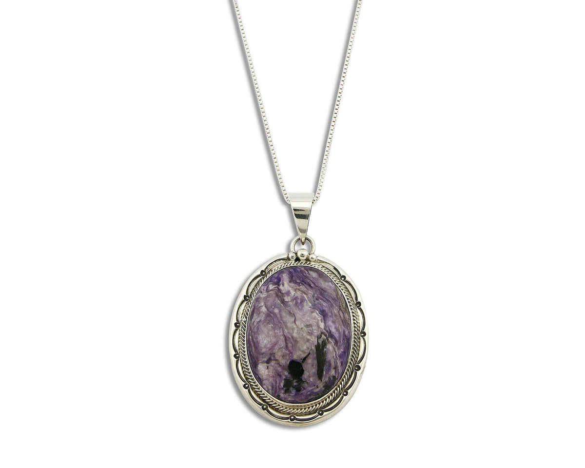 C.1980's Navajo Signed Roie Jaque .925 Silver Large Charoite Necklace