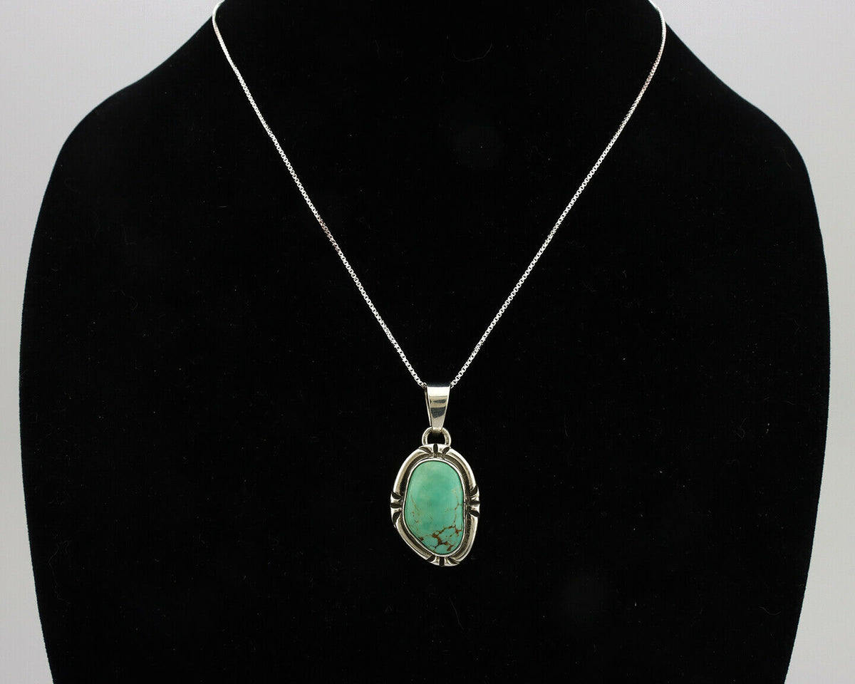 Navajo Kingman Turquoise Pendant .925 Silver Hand Stamped Signed Gecko C.80's