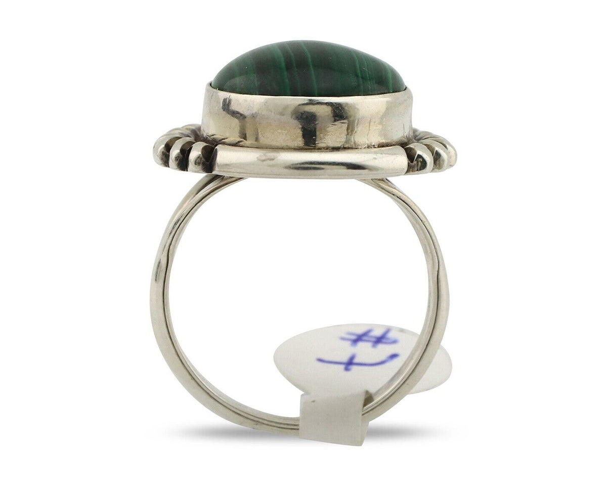 Navajo Ring 925 Silver Malachite Hand Stamped Signed NAKAI C.80's