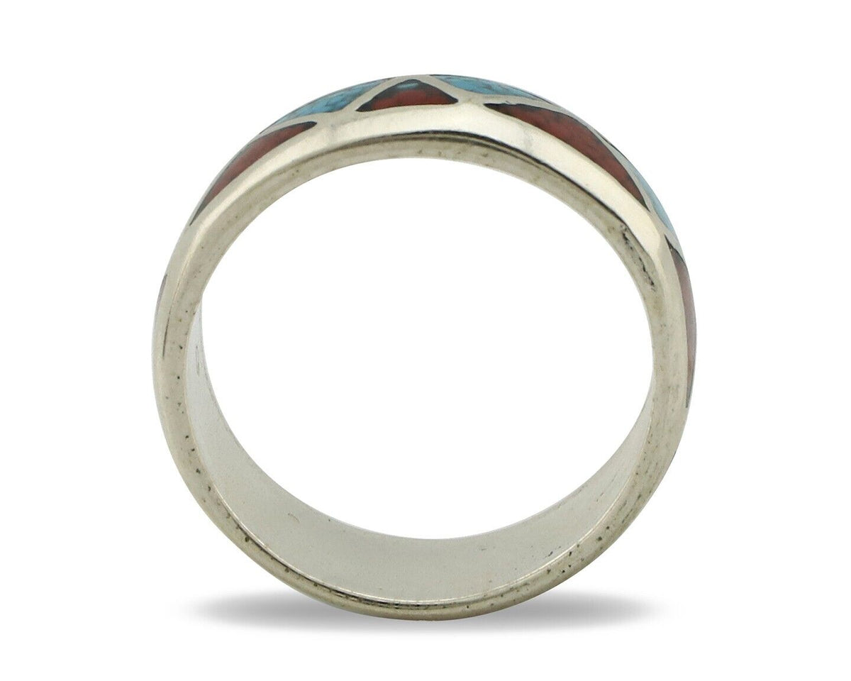 Navajo Chip Inlay Ring 925 Silver Sleeping Beauty Turquoise & Coral Silver Cloud