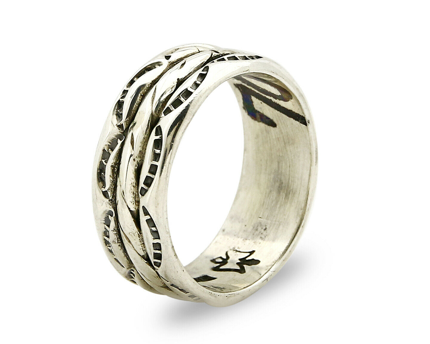 Navajo Ring .925 Silver Handmade Hand Stamped 3 Row Rope Band C.1980's Size 10.2