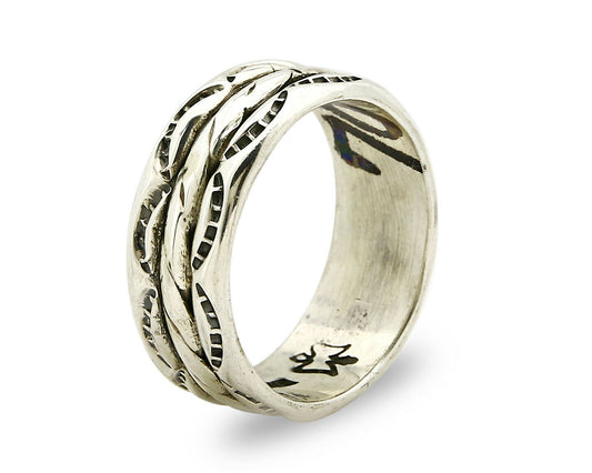 Navajo Ring .925 Silver Handmade Hand Stamped 3 Row Rope Band C.1980's Size 10.2