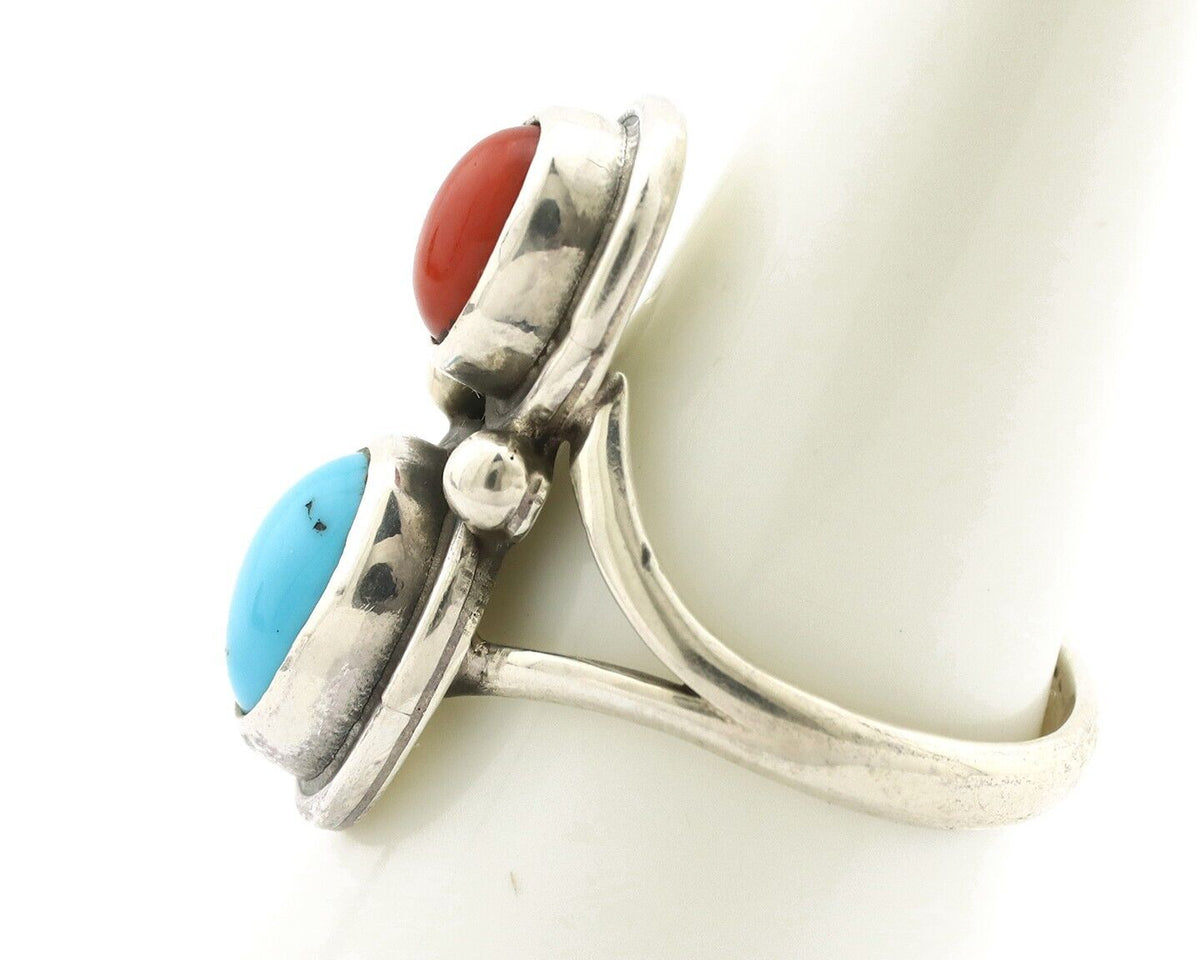 Navajo Inlay Band Ring 925 Silver Turquoise & Coral Native Artist C.80's