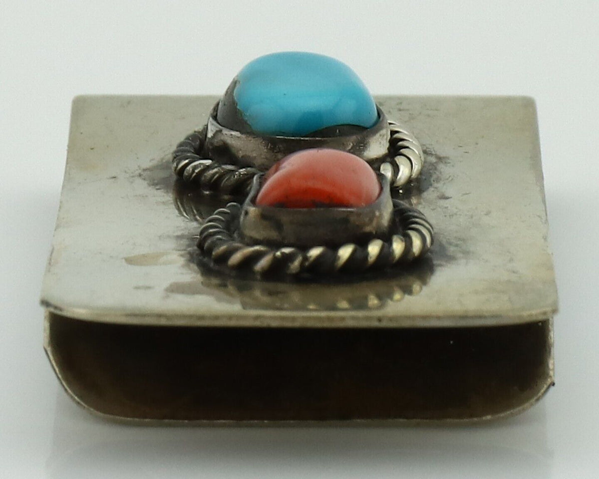 Navajo Money Clip 925 Silver & 999 Nickel Natural Turquoise & Coral Artist C80