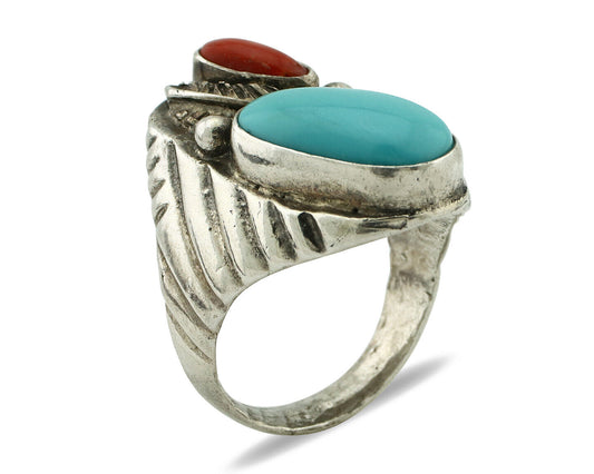 Navajo Ring 925 Silver Coral & Globe Turquoise Native American Artist C.1970's