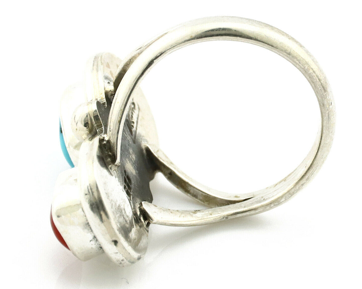 Navajo Ring .925 Silver Red Coral & Blue Turquoise Native Artist C.80's