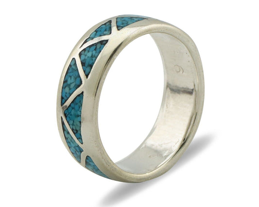 Navajo Chip Inlay Ring 925 Silver Sleeping Beauty Turquoise Artist Silver Cloud