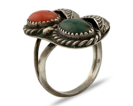 Navajo Ring 925 Silver Green Turquiose & Mediterranean Coral Native Artist C80s