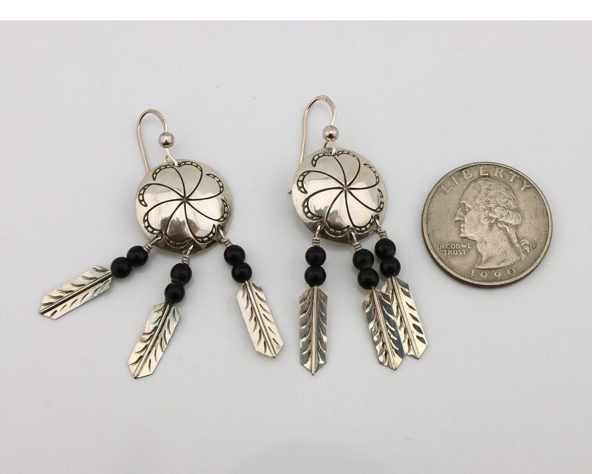 Navajo Earrings 925 Silver Natural Black Onyx Artist Signed T C.80's