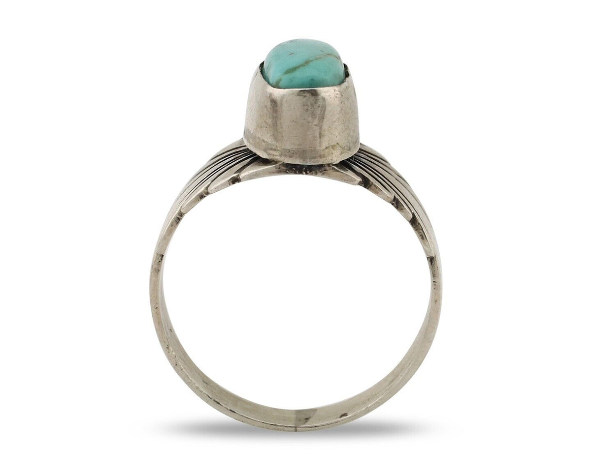 Navajo Ring 925 Silver Natural Blue Turquoise Artist Signed Pictograph C.80's