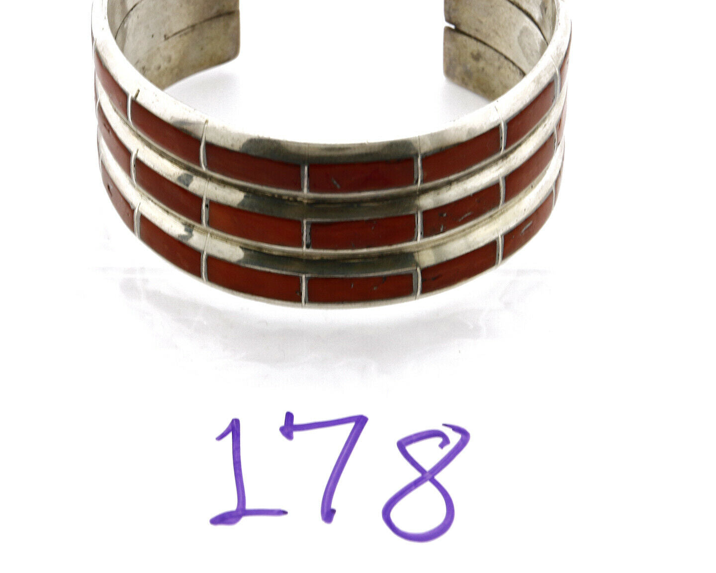 Women's Zuni Bracelet Inlaid Coral .925 Silver 3 Row Natural Mined C.80's