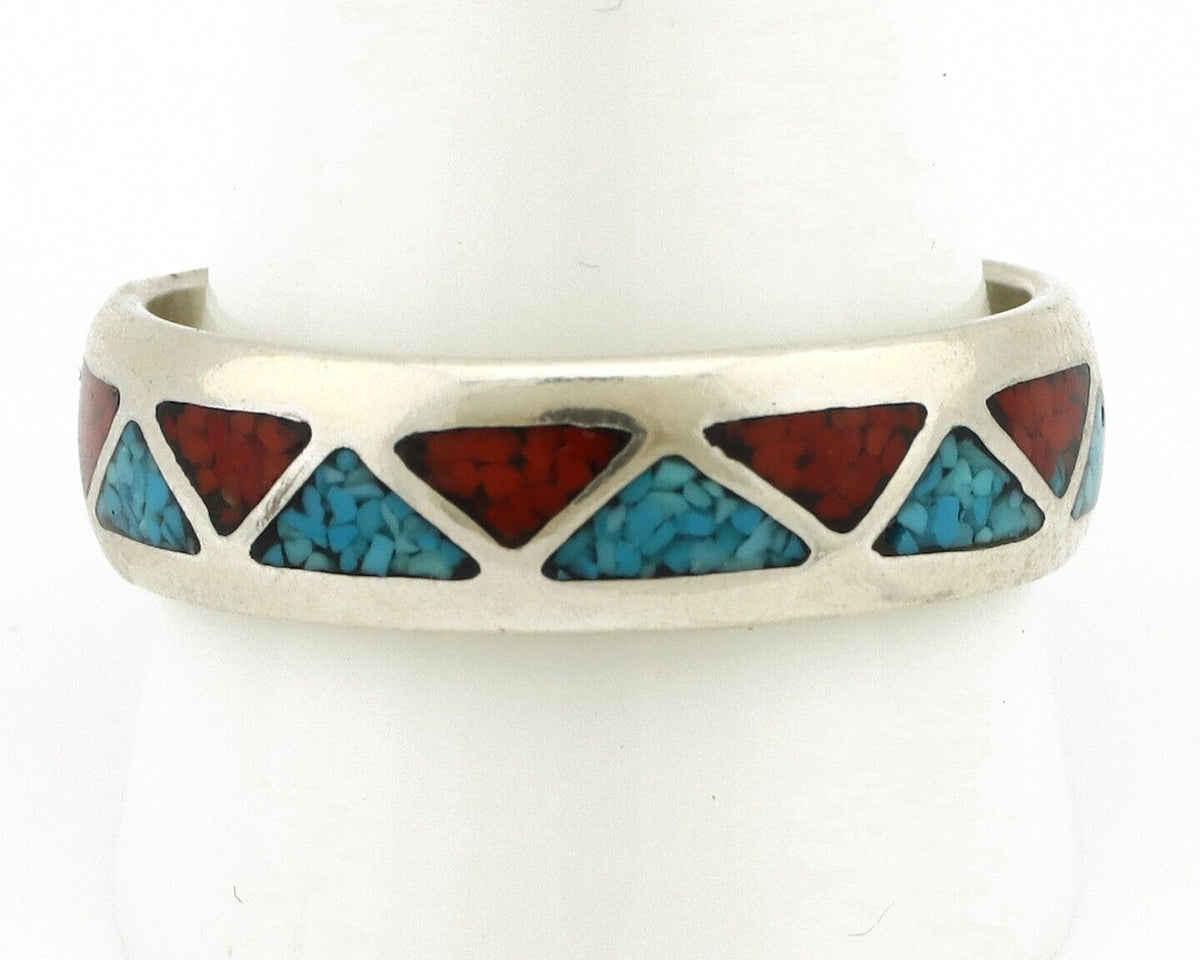 Navajo Chip Inlay Ring 925 Silver Sleeping Beauty Turquoise & Coral Silver Cloud
