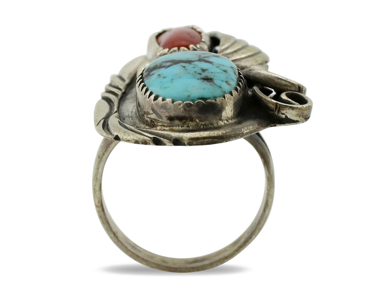 Navajo Ring 925 Silver Turquoise & Coral Artist Signed Native American C.80s