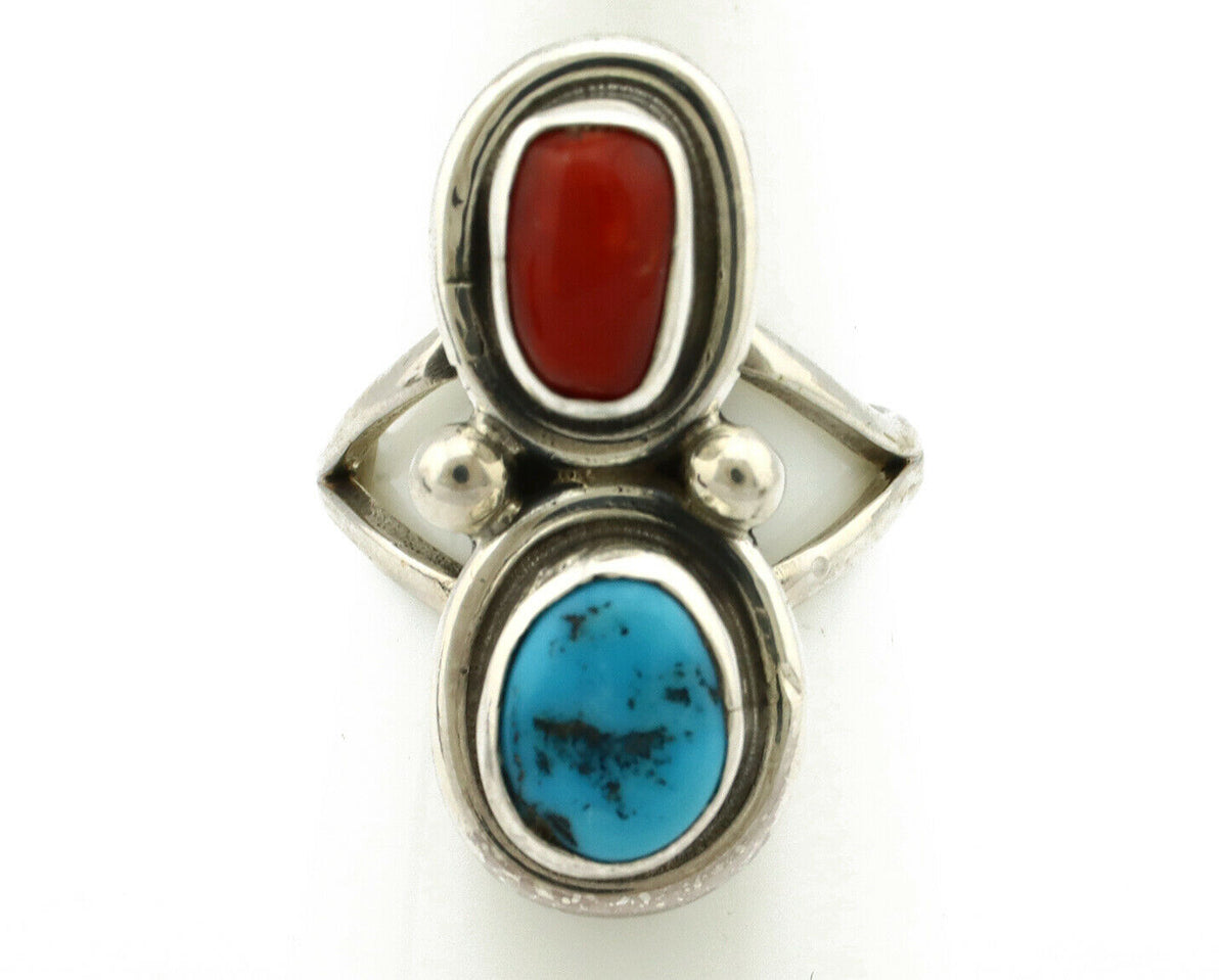 Navajo Ring .925 Silver Red Coral & Blue Turquoise Native Artist C.80's