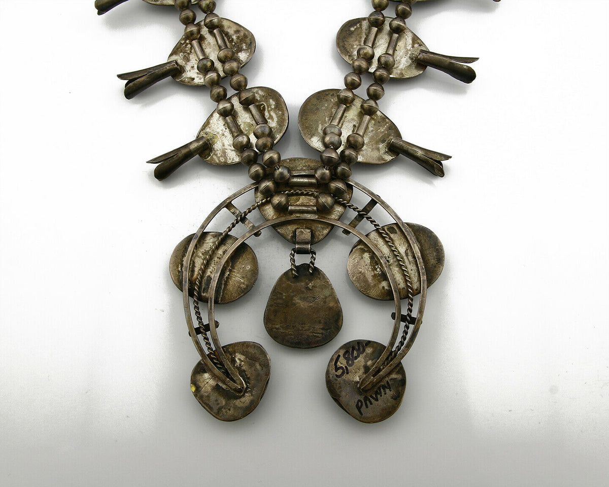 C.1950's Old Pawn Navajo Hand Stamped Bisbee Turquoise .925 Squash Necklace